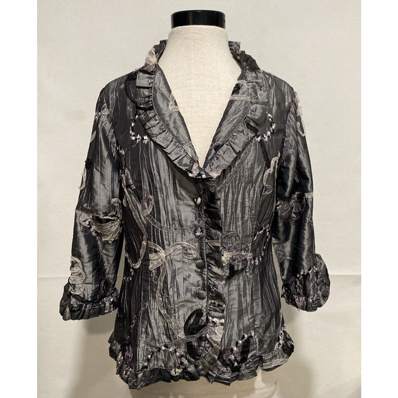Unique Agora Crinkle Ribbon Detailed Artsy Graphite Evening Jacket Women's Large - Picture 1 of 11